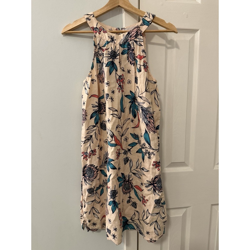Rachel Ashwell Floral 100% Linen Pale Pink Shift Dress Sz S Coastal Spring